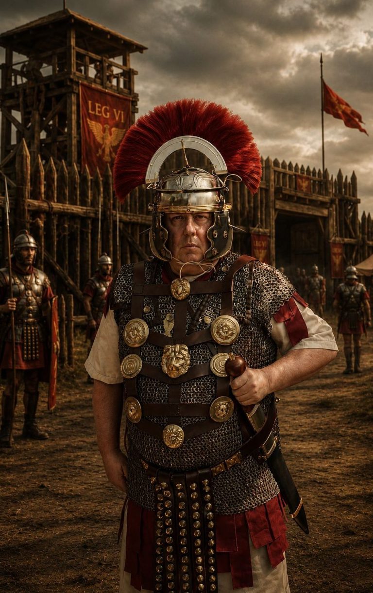 A Roman Centurion in ornate armour stands proudly, with a fortress and other soldiers in the background.