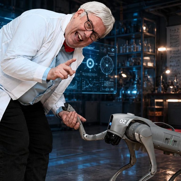 The Immersium | Professor Byte meets Beeblebrox the Robot Dog Professor in white coat in a computerised modern laboratory, shaking hands/paws with a Robot Dog.