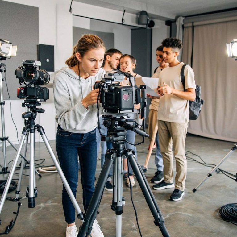 The Immersium | Media/Film Production 11-16 year olds in studio with cameras and lighting making a film production.